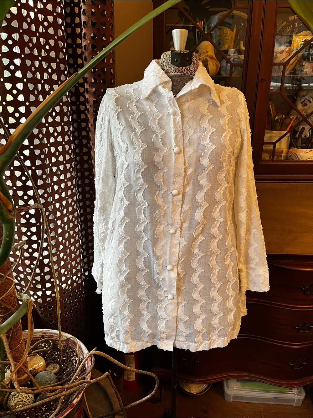 Vintage 60s White Textured Button-Front Swim Coverup
